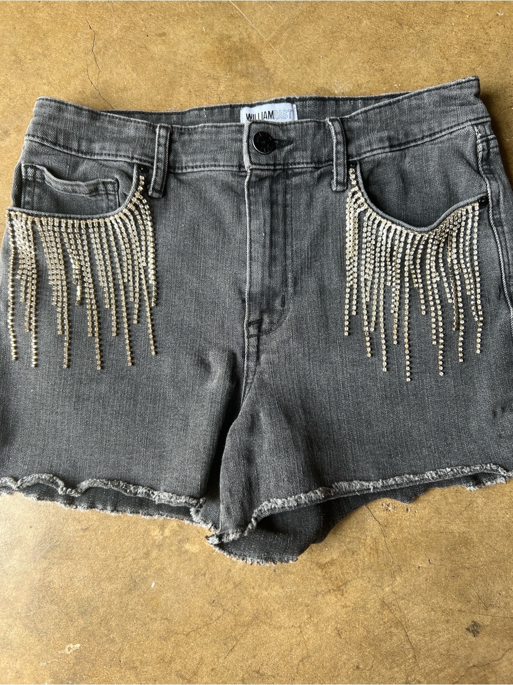 Upcycled by me William Rast Gray Denim Shorts with Rhinestone Fringe